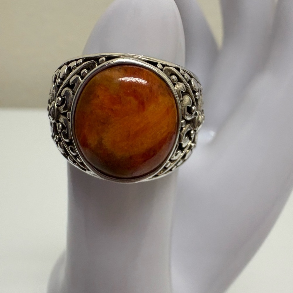 Elegant Orange Sponge Coral Silver Ring